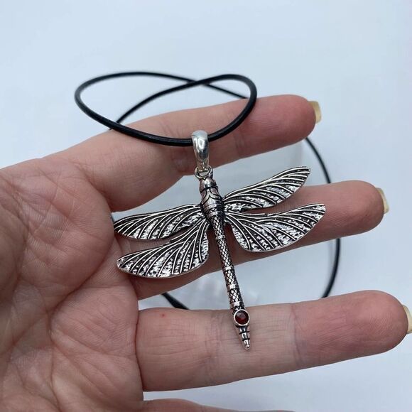 Dragonfly & Garnet Boho Silver Necklace On Leather Cord - Picture 3 of 5